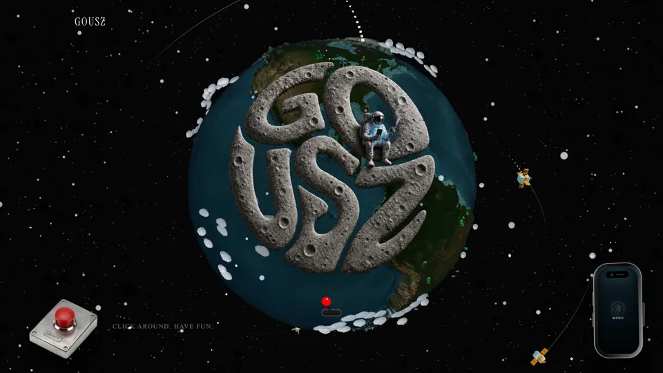 The GOUSZ Earth globe with its moon mark, satellites, and launch console