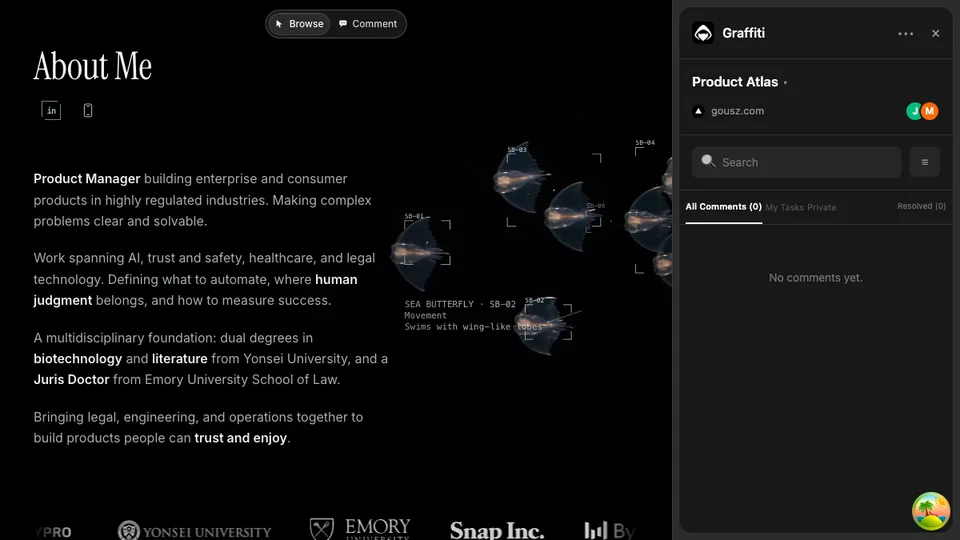 Graffiti's Browse and Comment bar over a web page, ready to pin a comment to a heading